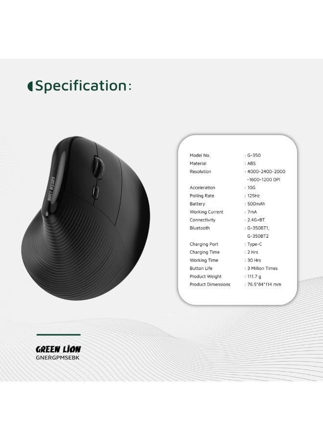 GREEN LION Ergo Grip Vertical Mouse with Adjustable DPI, Multi-Device Pairing, 2 Hours Charging Time, 30 Hours Working Time, 60cm Type-C Cable Length, 10m Transmission Distance - Black - Image 5