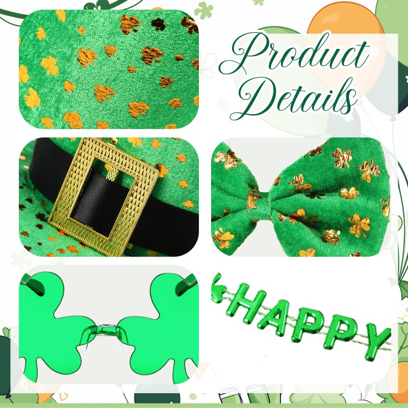 Haysandy 5 Pcs St. Patrick's Day Leprechaun Costume Suit Set Hat Fake Beard Bow Tie Clover Glasses Shamrock Necklace(Sequins) - Image 3