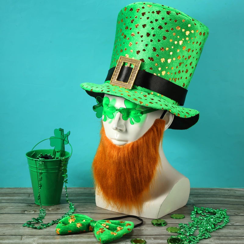 Haysandy 5 Pcs St. Patrick's Day Leprechaun Costume Suit Set Hat Fake Beard Bow Tie Clover Glasses Shamrock Necklace(Sequins) - Image 4