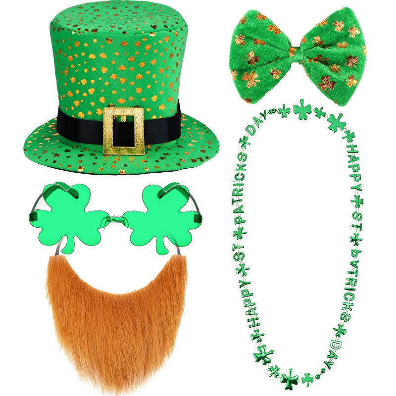 Haysandy 5 Pcs St. Patrick's Day Leprechaun Costume Suit Set Hat Fake Beard Bow Tie Clover Glasses Shamrock Necklace(Sequins) - Image 1