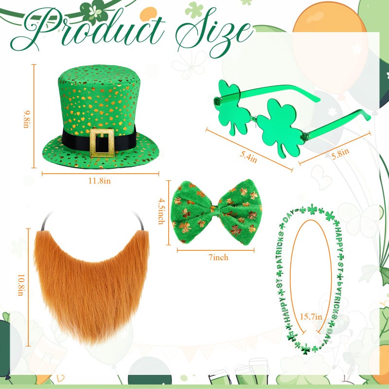 Haysandy 5 Pcs St. Patrick's Day Leprechaun Costume Suit Set Hat Fake Beard Bow Tie Clover Glasses Shamrock Necklace(Sequins) - Image 2