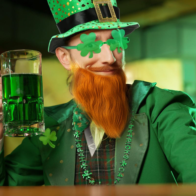 Haysandy 5 Pcs St. Patrick's Day Leprechaun Costume Suit Set Hat Fake Beard Bow Tie Clover Glasses Shamrock Necklace(Sequins) - Image 5