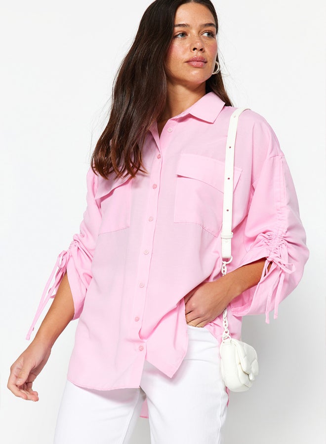 trendyol Light Pink Sleeves Adjustable Gathering Detailed Woven Cotton Shirt TCTSS23TG00011 - Image 1