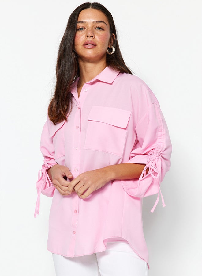 trendyol Light Pink Sleeves Adjustable Gathering Detailed Woven Cotton Shirt TCTSS23TG00011 - Image 2