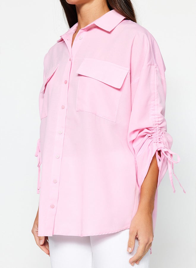 trendyol Light Pink Sleeves Adjustable Gathering Detailed Woven Cotton Shirt TCTSS23TG00011 - Image 4
