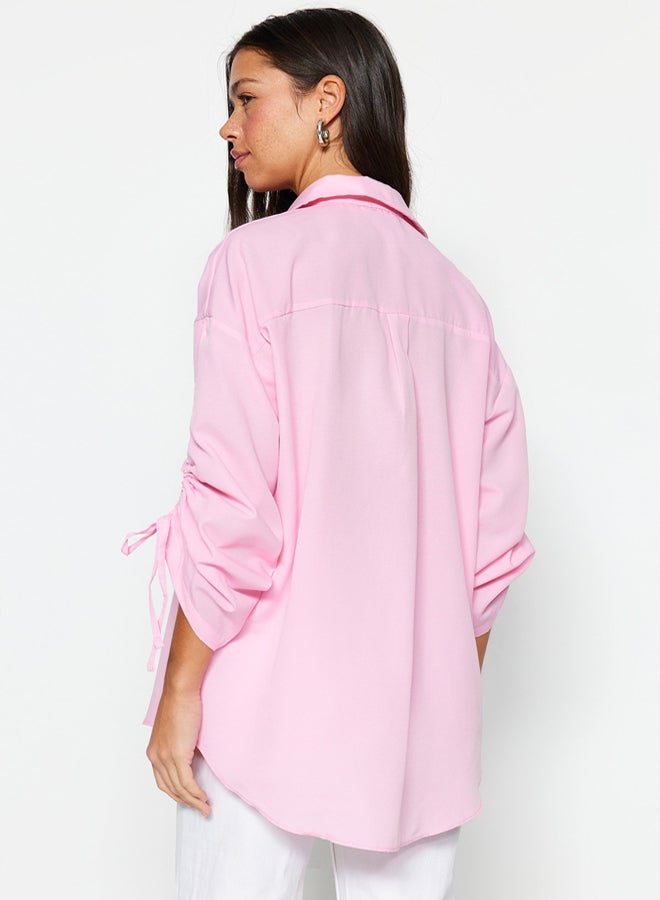 trendyol Light Pink Sleeves Adjustable Gathering Detailed Woven Cotton Shirt TCTSS23TG00011 - Image 5