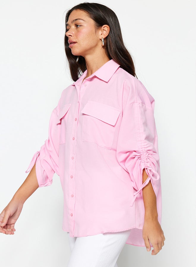 trendyol Light Pink Sleeves Adjustable Gathering Detailed Woven Cotton Shirt TCTSS23TG00011 - Image 3