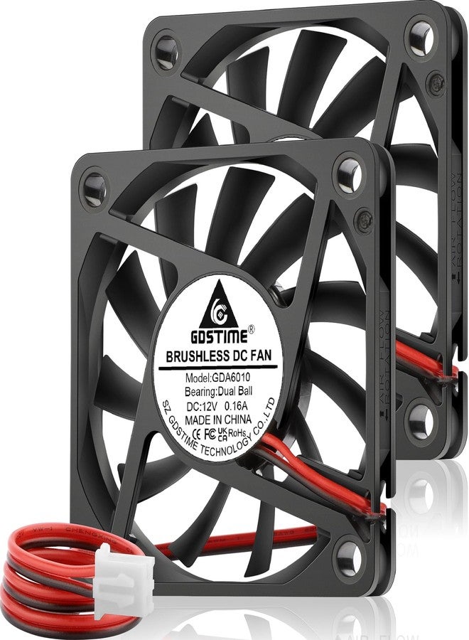 GDSTIME Slim 60mm x 10mm 12V Fan 2Pin Dual Ball Bearing DC Brushless Cooling Fans 60x60x10mm for 3D Printer Power Supply, 2-Pack - Image 1