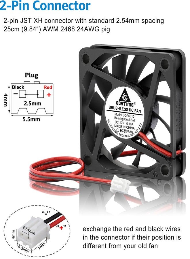 GDSTIME Slim 60mm x 10mm 12V Fan 2Pin Dual Ball Bearing DC Brushless Cooling Fans 60x60x10mm for 3D Printer Power Supply, 2-Pack - Image 5