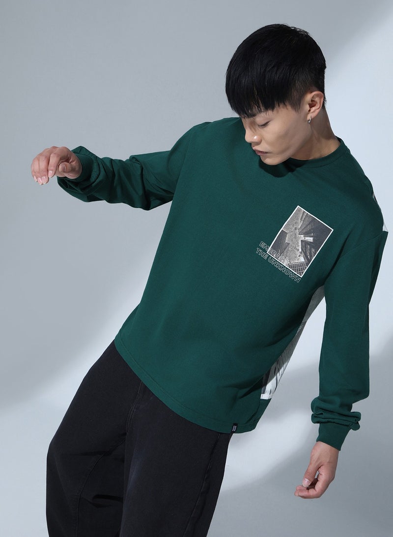 هوبرهولمي تيشيرت رجالي مطبوع برسومات أخضر غامق، مقاس مريح، قطن - Image 3