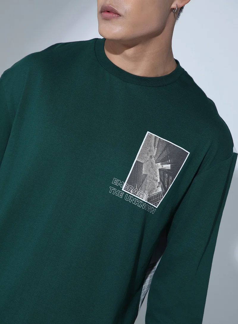 Hubberholme Forest Green Graphic Printed T-shirt for Men, Relaxed Fit, Cotton Fabric