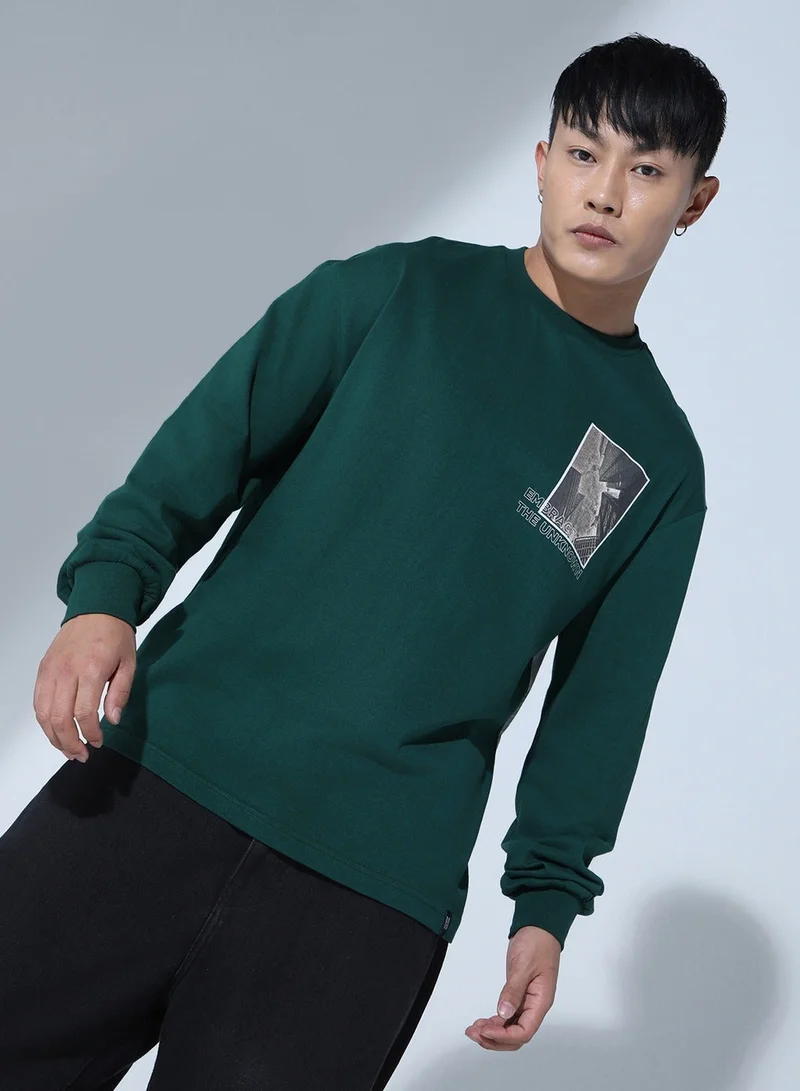 Hubberholme Forest Green Graphic Printed T-shirt for Men, Relaxed Fit, Cotton Fabric