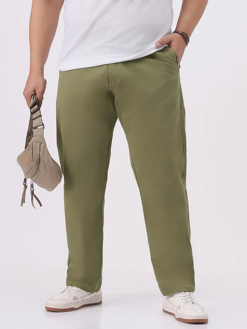 Urbano Plus Men's Light Olive Cotton Regular Fit Casual Chinos Trousers Stretch