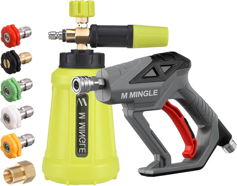 M MINGLE مسدس غسيل عالي الضغط من M MINGLE، ��شاش رغوة للثلج، قوة غسيل بضغط 4000 PSI، مجموعة رشاش رغوة لغسيل السيارات مع 5 رؤوس فوهات، سعة 1 لتر - Image 1