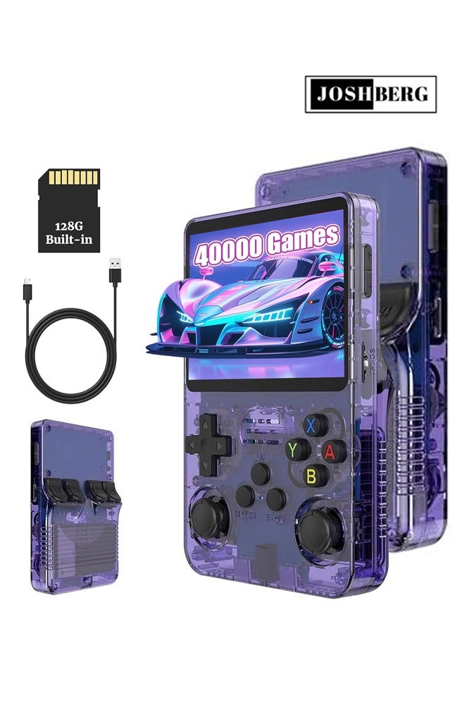 Joshberg 128G R36S Retro Handheld Game Console, 3.5 inch Gaming Console, Mini Retro Video Console, Dual 3D Joysticks, 11 Emulators, 15000+ Games with Dual 3D Joysticks for boys and girls,Transparent Purple - Image 1
