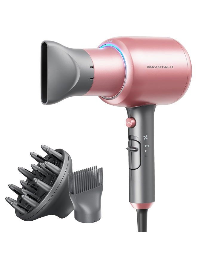 Wavytalk Hair Dryer, Blown Away Ionic Hair Dryer for Curly Hair with Diffuser, 1875W Fast Drying Blow Dryer with Ceramic Technology, 3 Attachments for All Hair Types, Light and Quiet, Rose Gold - Image 1