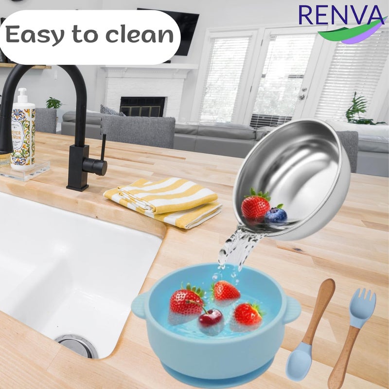 RENVA Set of 2 Silicone Baby Spoons and Forks + Suction Baby Bowls for Baby Food Feeding, Non-Toxic, Non-Slip, Dishwasher Safe.(Blue, Bowl+Spoon+Fork) - Image 3