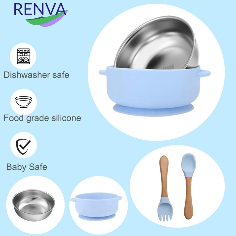 RENVA Set of 2 Silicone Baby Spoons and Forks + Suction Baby Bowls for Baby Food Feeding, Non-Toxic, Non-Slip, Dishwasher Safe.(Blue, Bowl+Spoon+Fork) - Image 4