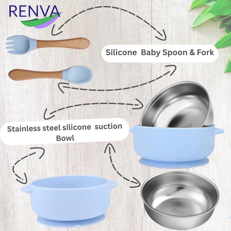 RENVA Set of 2 Silicone Baby Spoons and Forks + Suction Baby Bowls for Baby Food Feeding, Non-Toxic, Non-Slip, Dishwasher Safe.(Blue, Bowl+Spoon+Fork) - Image 5