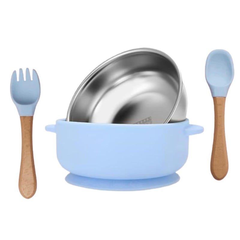 RENVA Set of 2 Silicone Baby Spoons and Forks + Suction Baby Bowls for Baby Food Feeding, Non-Toxic, Non-Slip, Dishwasher Safe.(Blue, Bowl+Spoon+Fork) - Image 1