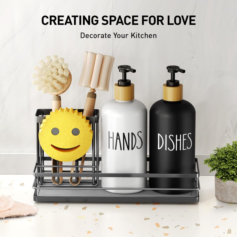 Moforoco Kitchen Dish Soap Dispenser Set  16OZ Glass Bottle  Hand and Dish Soap Dispenser Set  Instant Dry Tray  Non-Slip Silicone Pad  Brush Holder with Smiley Face Sponge Holder  Kitchen Decor - Image 4