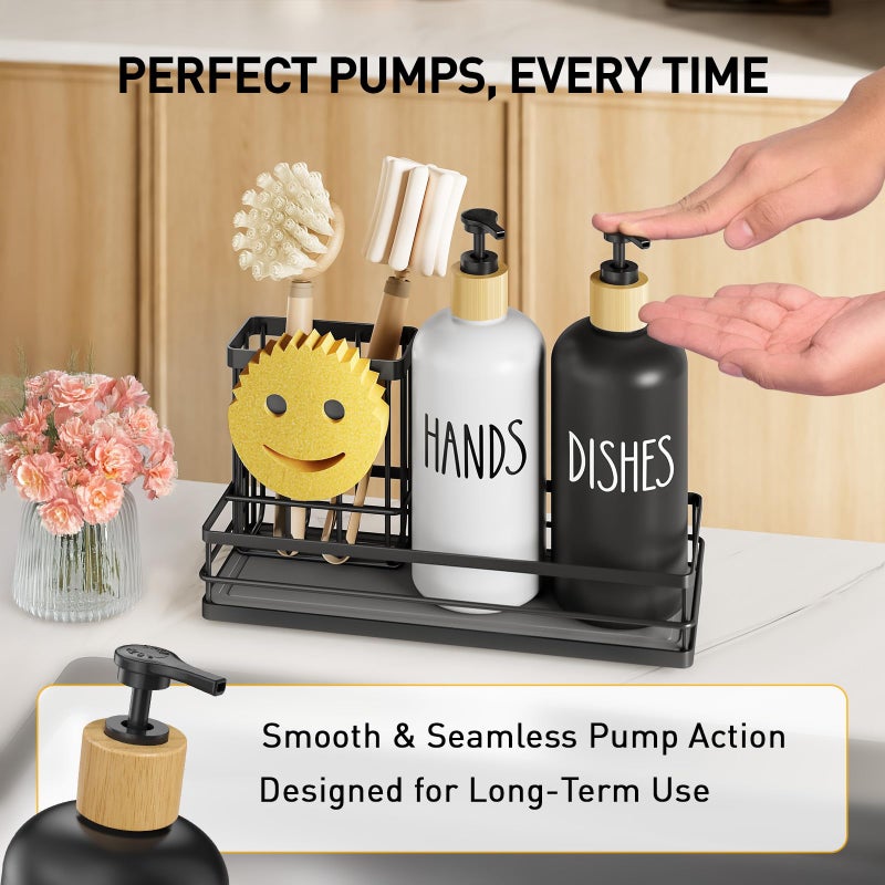 Moforoco Kitchen Dish Soap Dispenser Set  16OZ Glass Bottle  Hand and Dish Soap Dispenser Set  Instant Dry Tray  Non-Slip Silicone Pad  Brush Holder with Smiley Face Sponge Holder  Kitchen Decor - Image 3