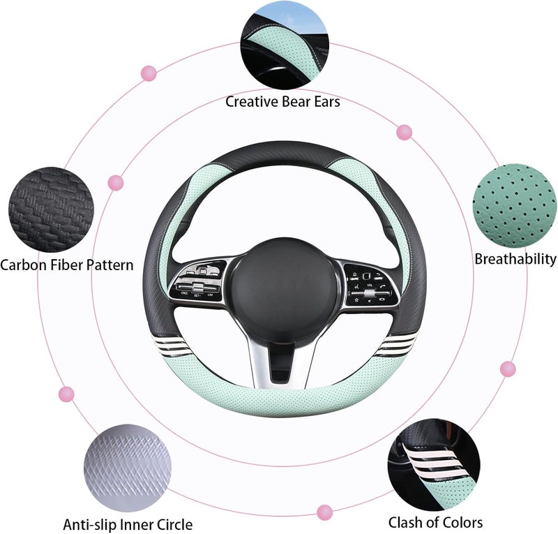 Binsheo Cute Steering Wheel Cover D Shape for Women Men Breathable Universal 15 inch,Black and Green - Image 5