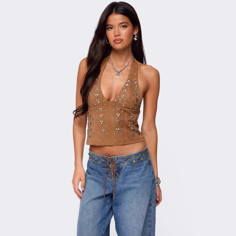 Women's Sexy Rhinestone Halter Neck Slim Fit Camisole Top - Image 1