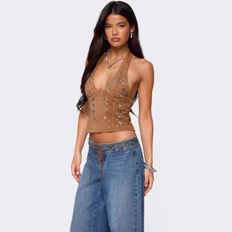 Women's Sexy Rhinestone Halter Neck Slim Fit Camisole Top - Image 2