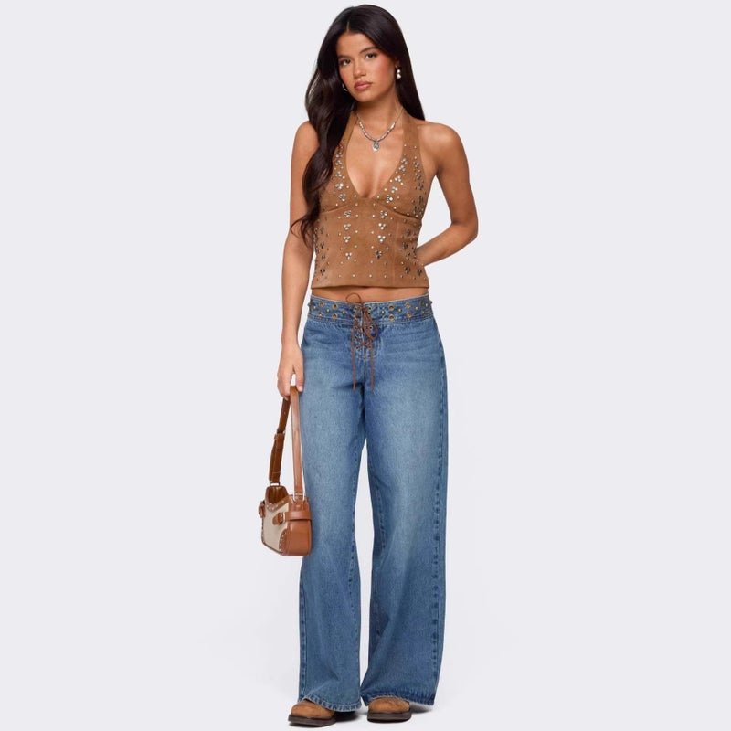 Women's Sexy Rhinestone Halter Neck Slim Fit Camisole Top - Image 3