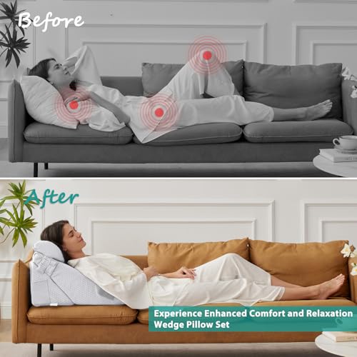 Bedluxe 3Pcs Orthopedic Bed Wedge Pillow Set, Foam Wedge Pillow Post Surgery for Back, Leg and Knee Support, Adjustable 9&12 Inch Folding Triangle Pillow for Sleeping, Acid Reflux, Snoring, Light Grey - Image 4