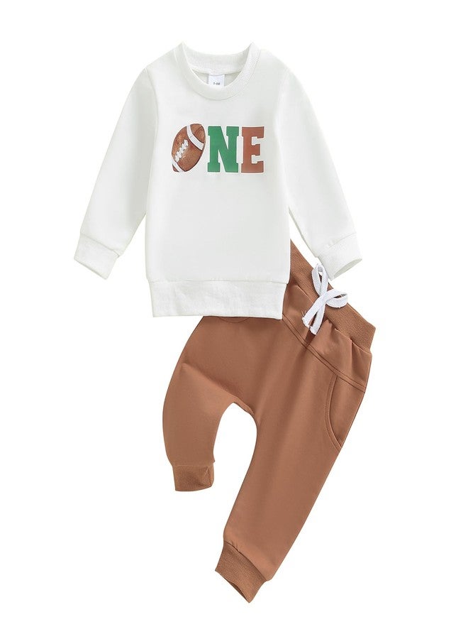 Pudcoco Toddler Baby Boys First Birthday Outfit Football 1st Year Down Sweatshirt and Jogger Pants Set Fall Clothes (White, 12-18 Months) - Image 1