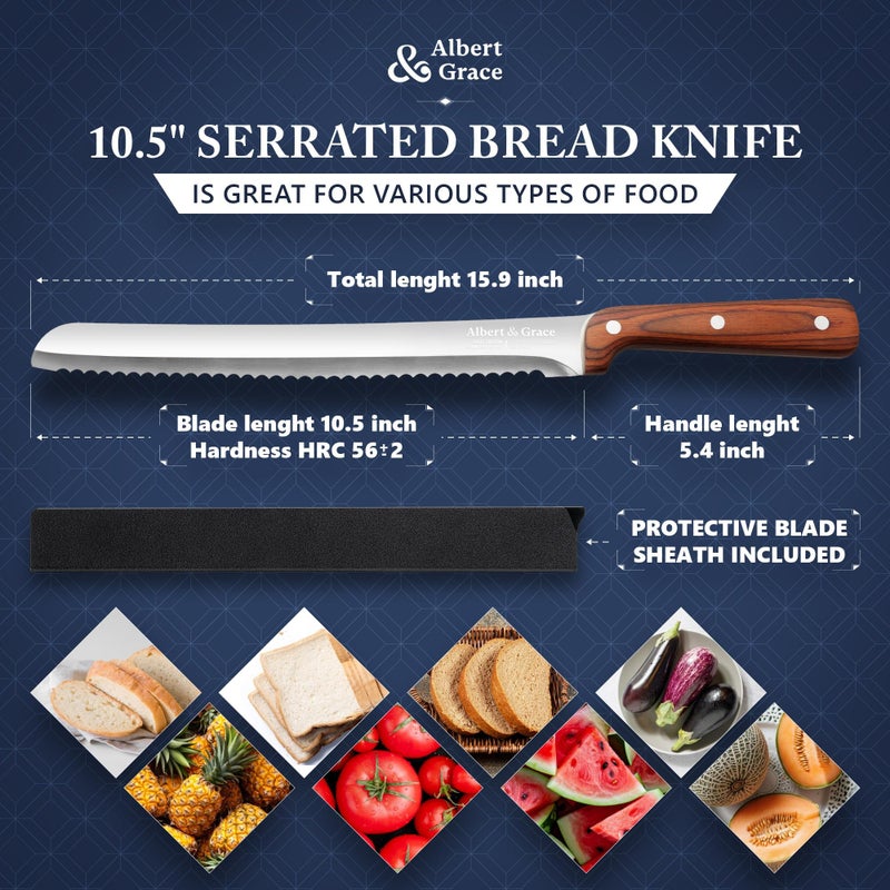 Albert&Grace 10.5-Inch Serrated Bread Knife with Full-Length Sheath â€“ Ultra Sharp, Low-Crumb Slicing for Sourdough, Homemade Bread & Bagels - Image 3