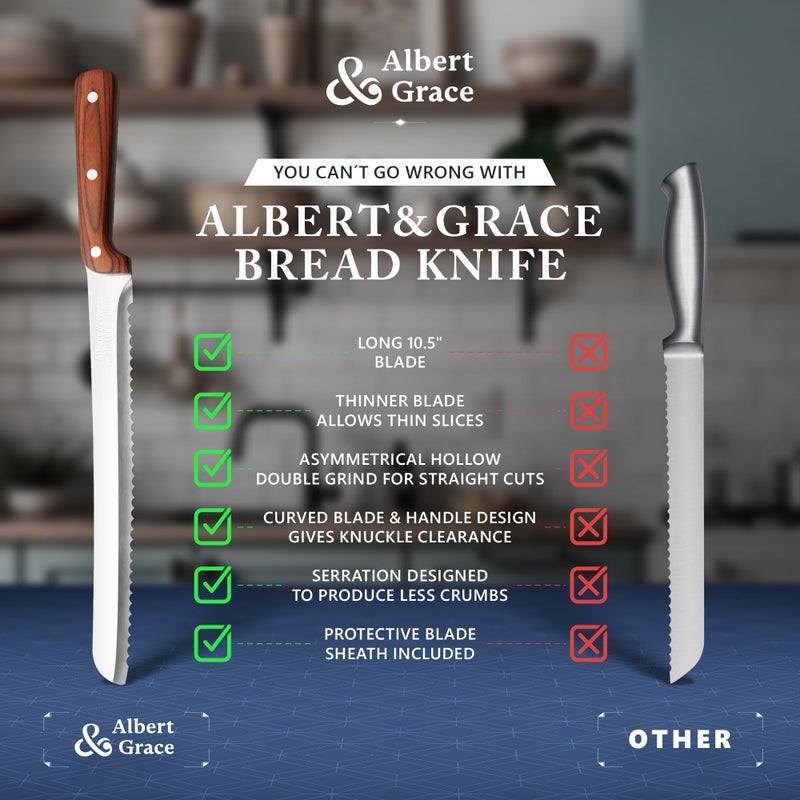 Albert&Grace 10.5-Inch Serrated Bread Knife with Full-Length Sheath â€“ Ultra Sharp, Low-Crumb Slicing for Sourdough, Homemade Bread & Bagels - Image 5