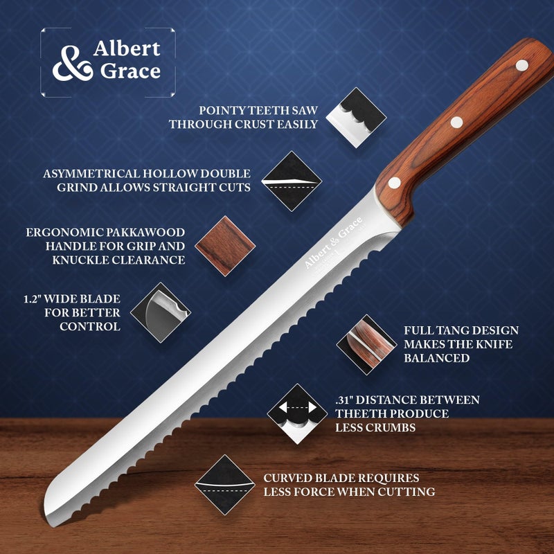 Albert&Grace 10.5-Inch Serrated Bread Knife with Full-Length Sheath â€“ Ultra Sharp, Low-Crumb Slicing for Sourdough, Homemade Bread & Bagels - Image 4