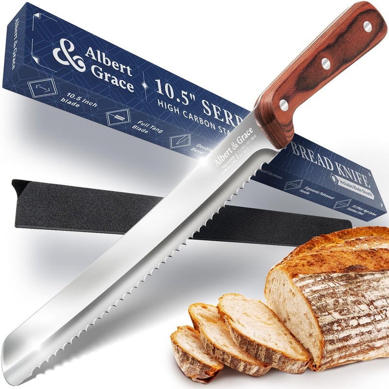 Albert&Grace 10.5-Inch Serrated Bread Knife with Full-Length Sheath â€“ Ultra Sharp, Low-Crumb Slicing for Sourdough, Homemade Bread & Bagels - Image 1