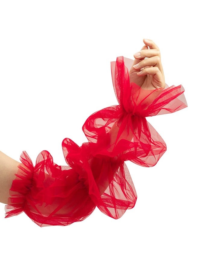 QRBTSCL Women's Long Tulle Gloves Lace Semi Sheer Ruffle Sleeves Fingerless Gloves Sunscreen Dress Costume Accessory White - Image 2