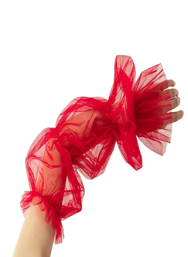 QRBTSCL Women's Long Tulle Gloves Lace Semi Sheer Ruffle Sleeves Fingerless Gloves Sunscreen Dress Costume Accessory White - Image 3