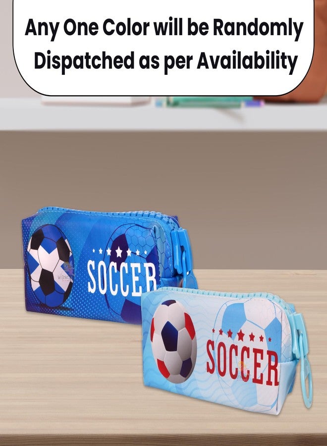 WISHKEY Soccer Theme Pencil Pouch for Kids, Stylish Zipper Pencil Box for Storing Stationery Items, Large Capacity Stationery Organizer Pouch for School Students, (Pack of 1, Blue) - Image 2