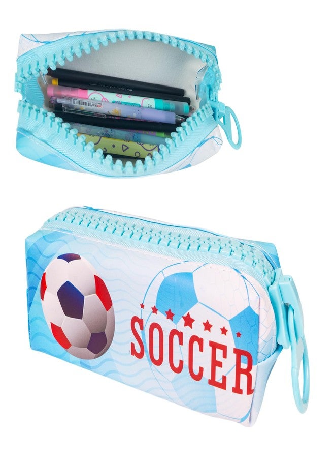 WISHKEY Soccer Theme Pencil Pouch for Kids, Stylish Zipper Pencil Box for Storing Stationery Items, Large Capacity Stationery Organizer Pouch for School Students, (Pack of 1, Blue) - Image 1