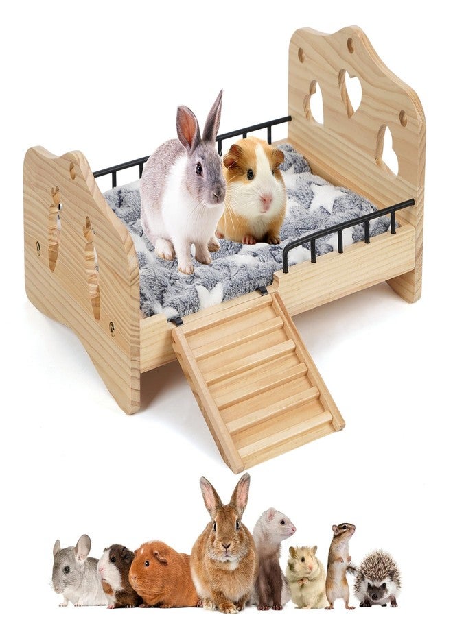 JAZUIHA Wooden Bunny Bed, 2 in 1 Rabbit Guinea Pig Bed Detachable Small Animal Bed with Stairs Washable Reversible Mat Guinea Pig Toys for Bunnies Chinchillas Hamster Ferret (Small Rabbits & Bunny Only) - Image 1