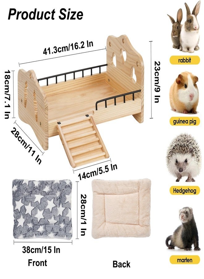 JAZUIHA Wooden Bunny Bed, 2 in 1 Rabbit Guinea Pig Bed Detachable Small Animal Bed with Stairs Washable Reversible Mat Guinea Pig Toys for Bunnies Chinchillas Hamster Ferret (Small Rabbits & Bunny Only) - Image 3