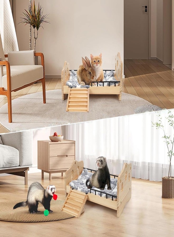 JAZUIHA Wooden Bunny Bed, 2 in 1 Rabbit Guinea Pig Bed Detachable Small Animal Bed with Stairs Washable Reversible Mat Guinea Pig Toys for Bunnies Chinchillas Hamster Ferret (Small Rabbits & Bunny Only) - Image 2