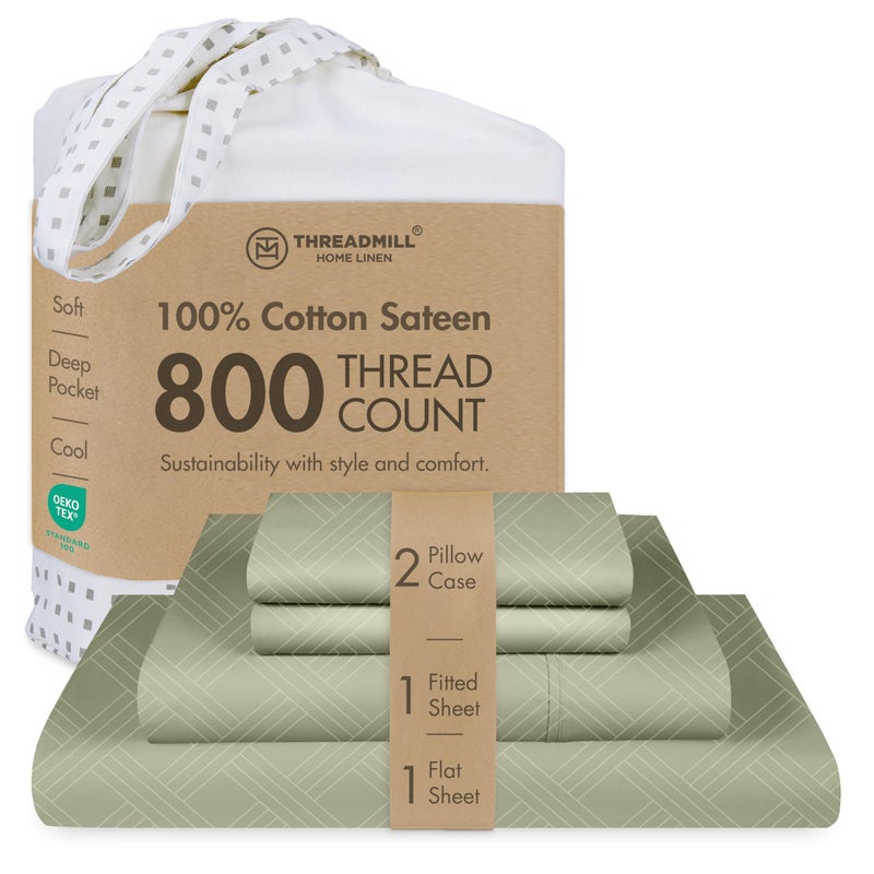 Threadmill King Size Sheets for King Mattress | 800 Thread Count Jacquard Celine Sage Green | Better Than Egyptian Cotton | 4 Pc Bed Sheets | Damask Sheet Fits 16'' Deep Pocket | 100% Cotton Sheets - Image 1