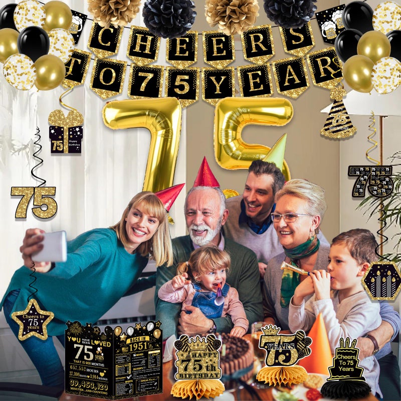 Juesly 75th Birthday Decorations for Men Women, 22PCS 1951 Banner Decorations, Including Banner, 6 Honeycomb Topper, 75 Balloons, Anniversary Card, Cheers to 75 Years Banner, 7 Hanging Swirl,4 Paper Poms - Image 5