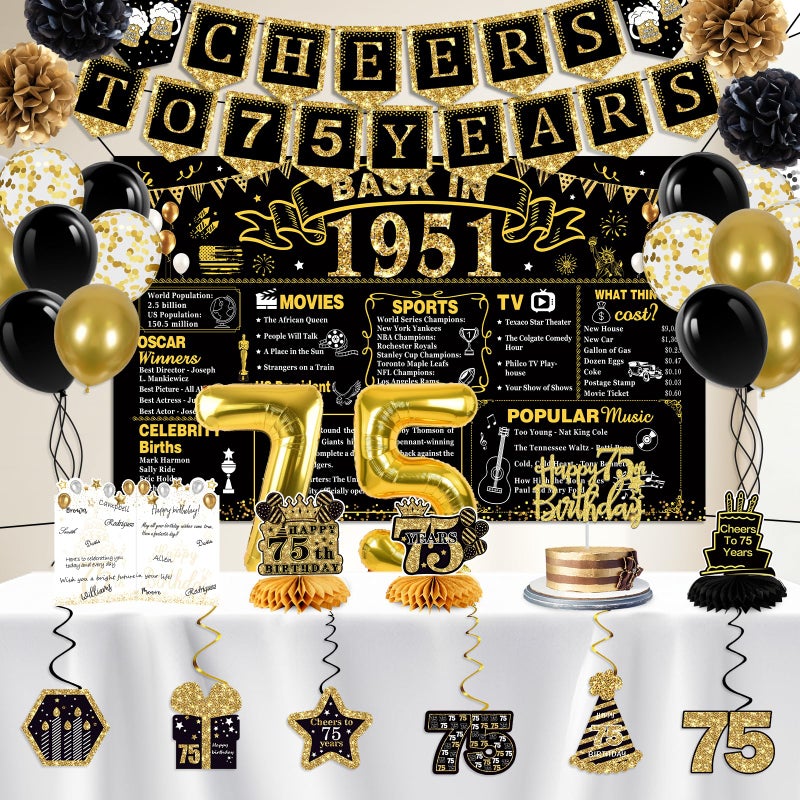 Juesly 75th Birthday Decorations for Men Women, 22PCS 1951 Banner Decorations, Including Banner, 6 Honeycomb Topper, 75 Balloons, Anniversary Card, Cheers to 75 Years Banner, 7 Hanging Swirl,4 Paper Poms - Image 2