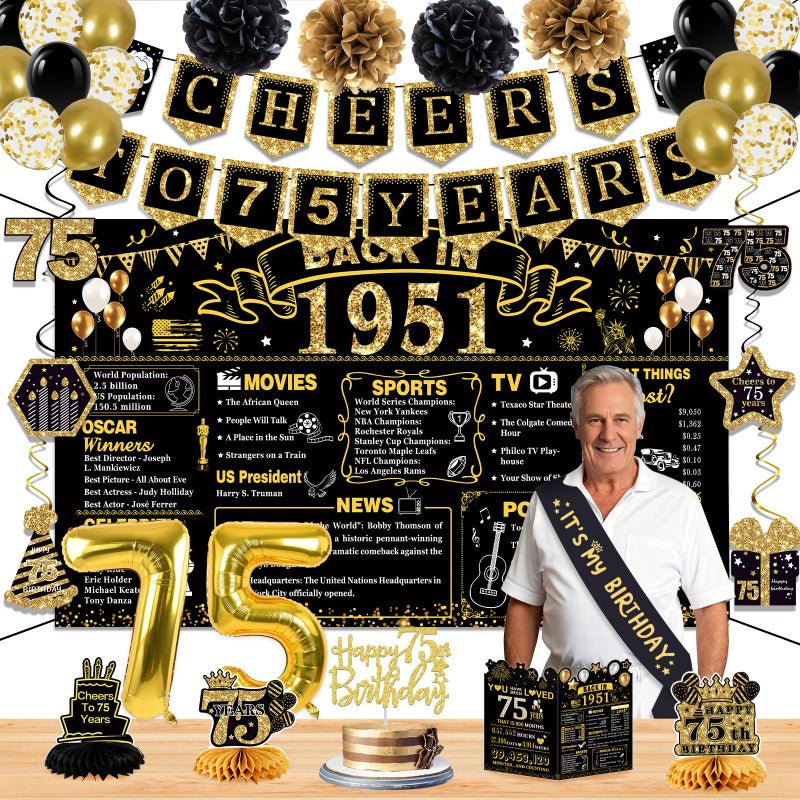 Juesly 75th Birthday Decorations for Men Women, 22PCS 1951 Banner Decorations, Including Banner, 6 Honeycomb Topper, 75 Balloons, Anniversary Card, Cheers to 75 Years Banner, 7 Hanging Swirl,4 Paper Poms - Image 1