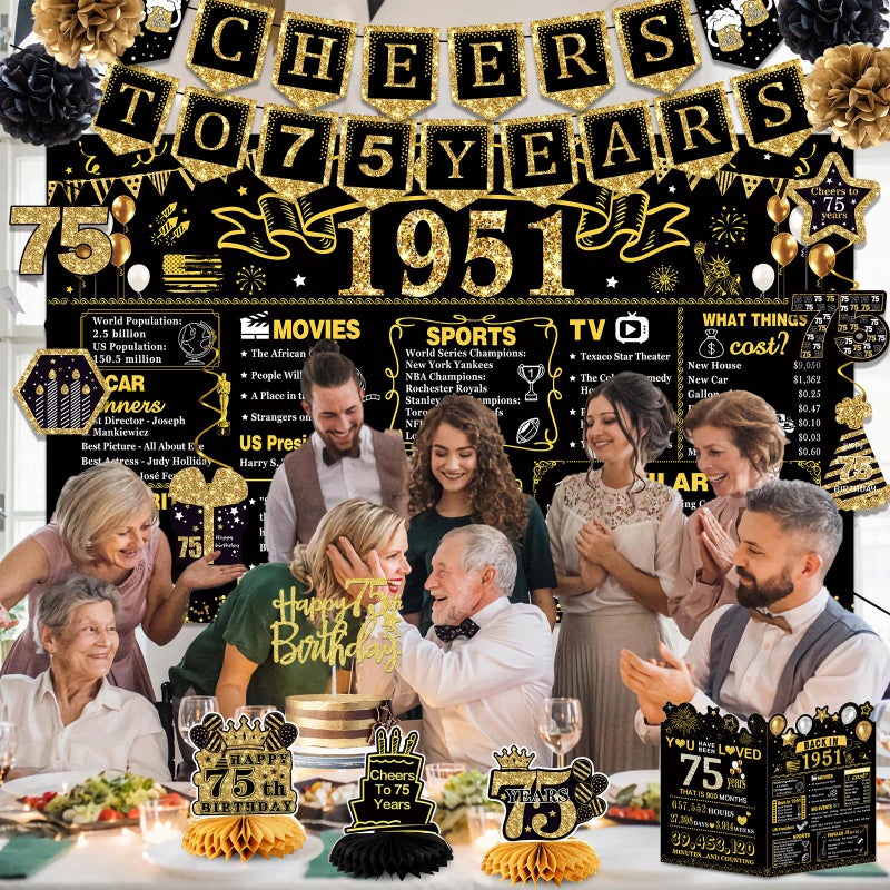 Juesly 75th Birthday Decorations for Men Women, 22PCS 1951 Banner Decorations, Including Banner, 6 Honeycomb Topper, 75 Balloons, Anniversary Card, Cheers to 75 Years Banner, 7 Hanging Swirl,4 Paper Poms - Image 4