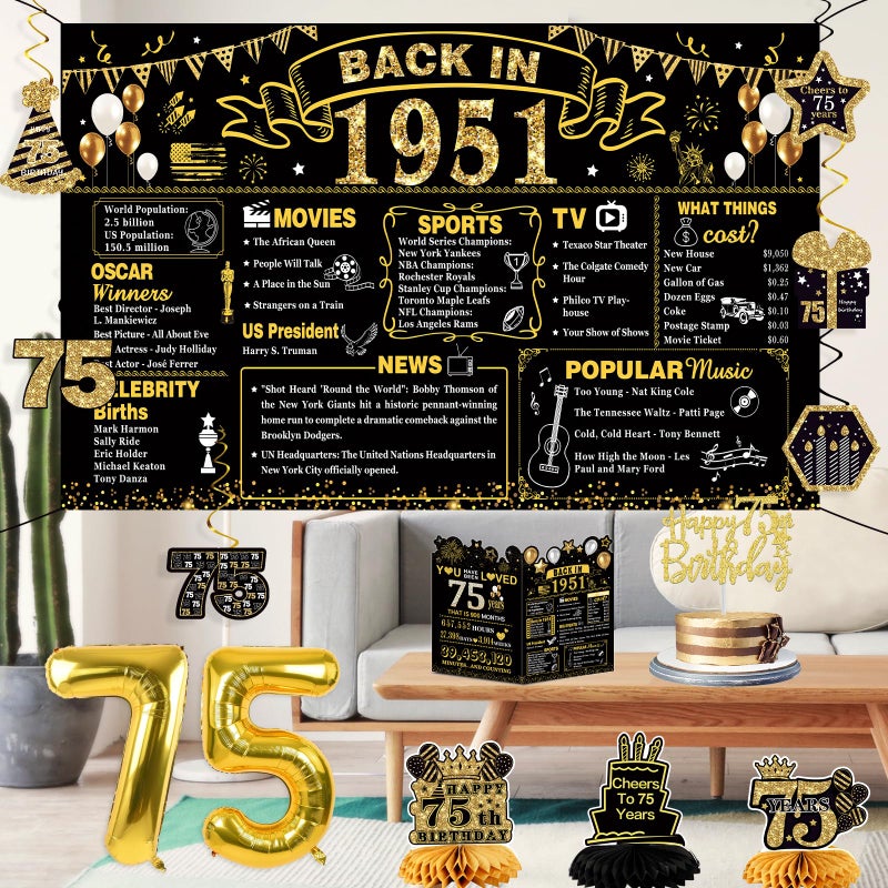 Juesly 75th Birthday Decorations for Men Women, 22PCS 1951 Banner Decorations, Including Banner, 6 Honeycomb Topper, 75 Balloons, Anniversary Card, Cheers to 75 Years Banner, 7 Hanging Swirl,4 Paper Poms - Image 3
