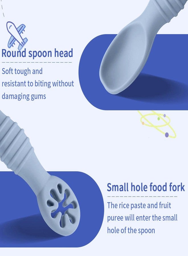 Mopslik - 2 Pack Silicone Baby Training Spoon Set Led Weaning Spoon – Soft Infant Self-Feeding First Stage Toddler Utensils for Baby Led (Blue) - Image 5